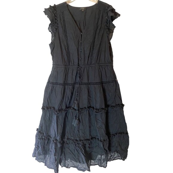 J.Crew Black Midi Dress Tiered Ruffles Pom-Pom Detail Cotton Size 18 - Picture 1 of 11